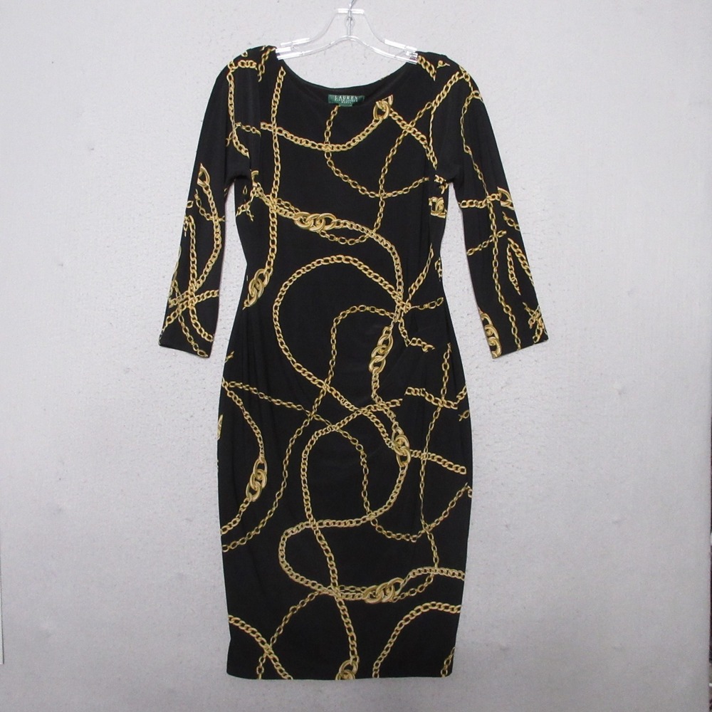 Lauren Ralph Lauren Dress 6 Black Gold Chain Print Ruched Sheath Old Money‎ NWT